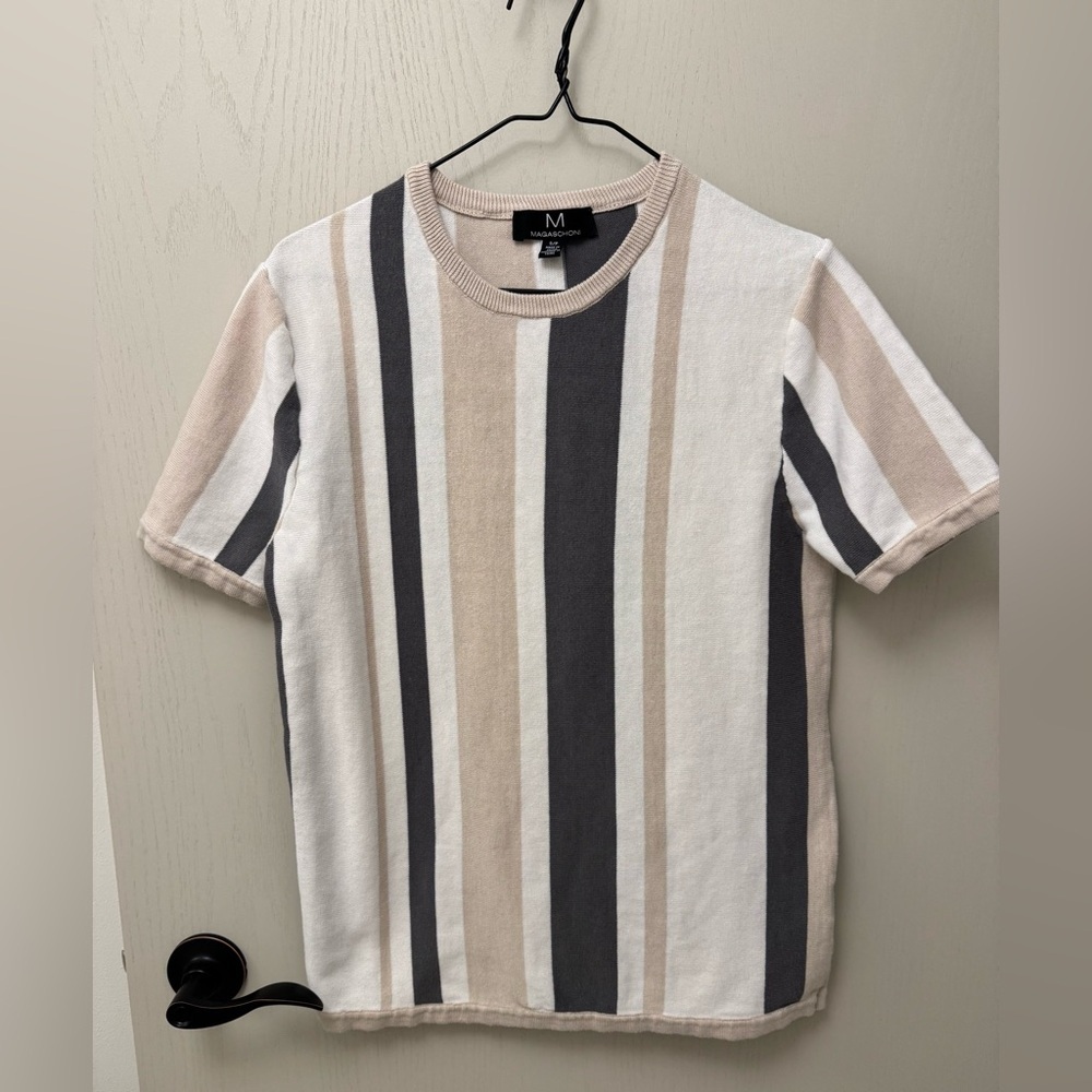 Men's Magaschoni Vertical Tricolor Striped Top Size S‎ Cotton Blend EUC
